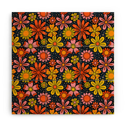 Doodle By Meg Groovy Flowers in Navy Wood Wall Mural