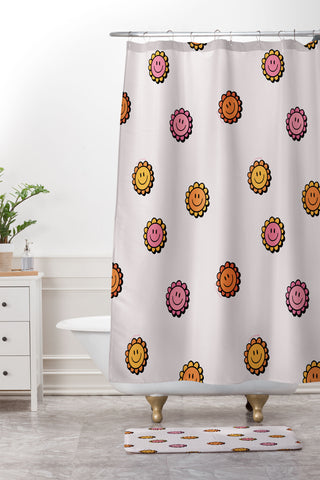 Doodle By Meg Happy Flower Print in Cream Shower Curtain And Mat