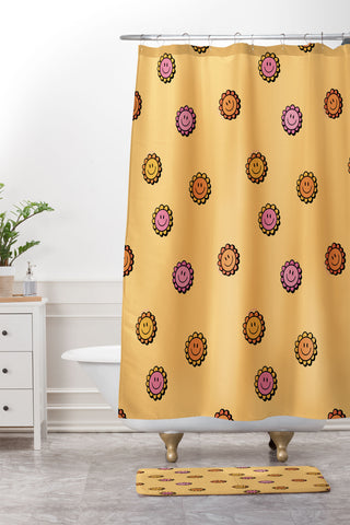 Doodle By Meg Happy Flower Print in Yellow Shower Curtain And Mat