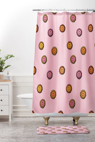 Doodle By Meg Happy Flowers in Pink Print Shower Curtain And Mat