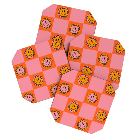 Doodle By Meg Orange Pink Checkered Print Coaster Set