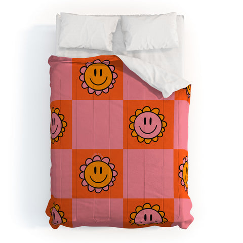 Doodle By Meg Orange Pink Checkered Print Comforter