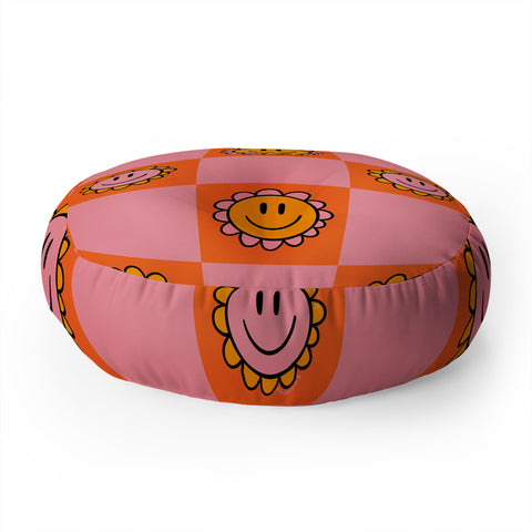 Doodle By Meg Orange Pink Checkered Print Floor Pillow Round