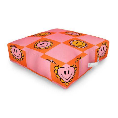 Doodle By Meg Orange Pink Checkered Print Outdoor Floor Cushion