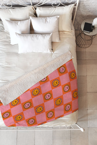 Doodle By Meg Orange Pink Checkered Print Fleece Throw Blanket