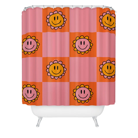 Doodle By Meg Orange Pink Checkered Print Shower Curtain