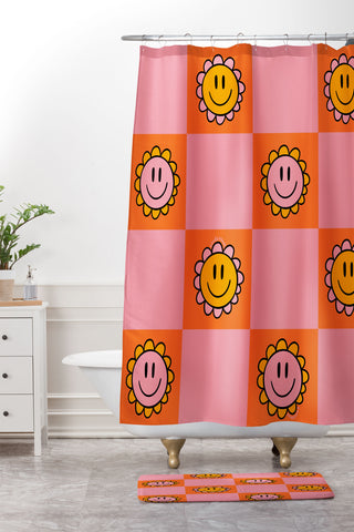 Doodle By Meg Orange Pink Checkered Print Shower Curtain And Mat
