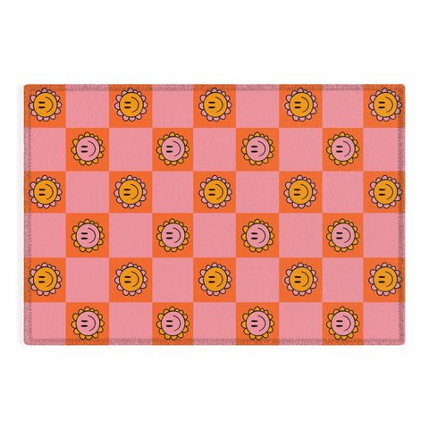Doodle By Meg Orange Pink Checkered Print Outdoor Rug