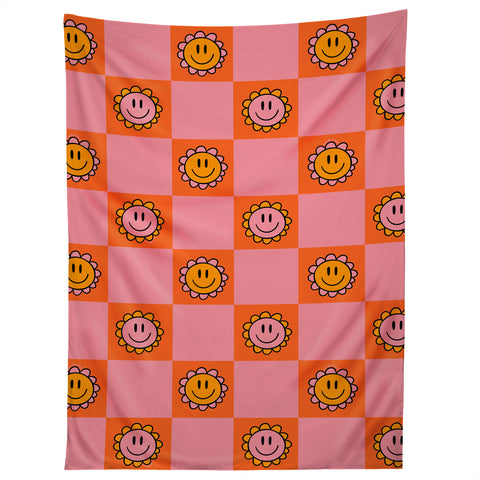Doodle By Meg Orange Pink Checkered Print Tapestry