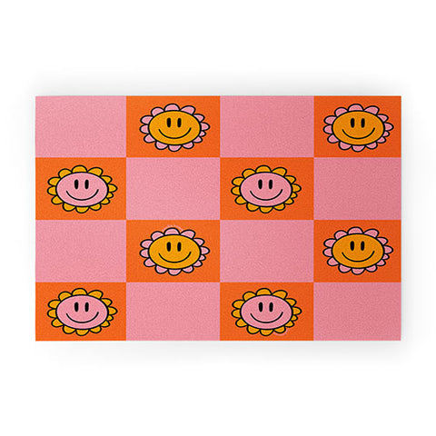 Doodle By Meg Orange Pink Checkered Print Welcome Mat