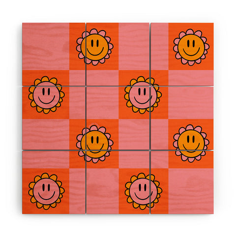 Doodle By Meg Orange Pink Checkered Print Wood Wall Mural