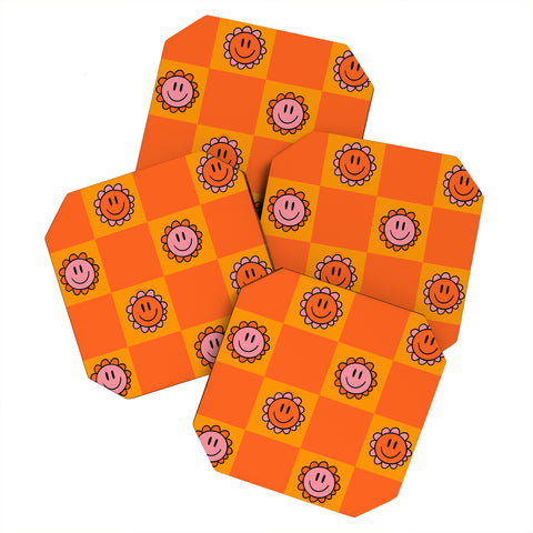 Doodle By Meg Orange Smiley Checkered Print Coaster Set