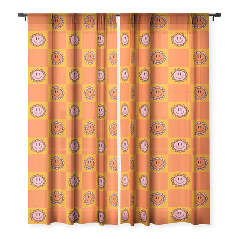 Doodle By Meg Orange Smiley Checkered Print Sheer Non Repeat