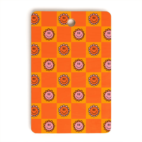 Doodle By Meg Orange Smiley Checkered Print Cutting Board Rectangle