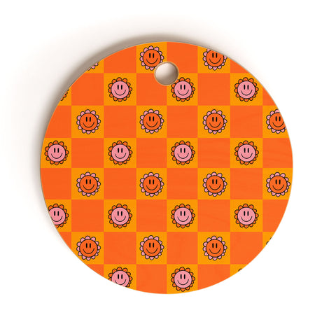 Doodle By Meg Orange Smiley Checkered Print Cutting Board Round