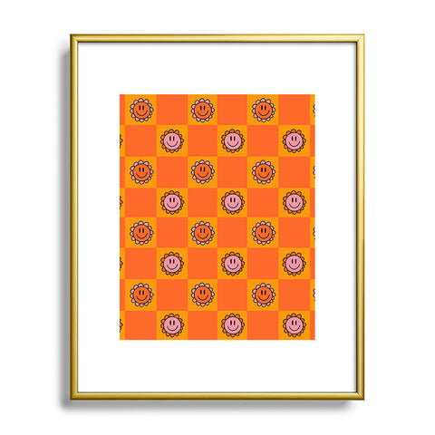 Doodle By Meg Orange Smiley Checkered Print Metal Framed Art Print