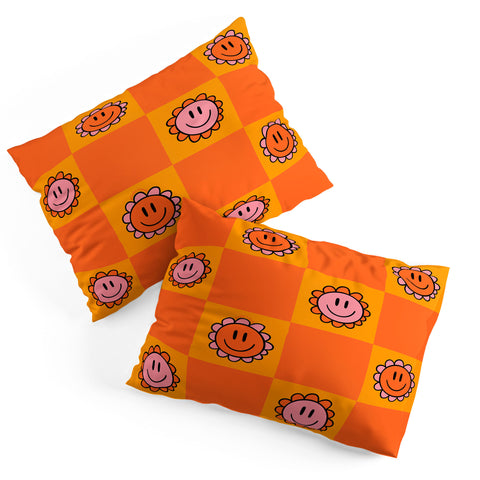Doodle By Meg Orange Smiley Checkered Print Pillow Shams