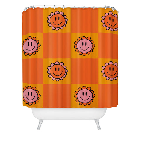 Doodle By Meg Orange Smiley Checkered Print Shower Curtain