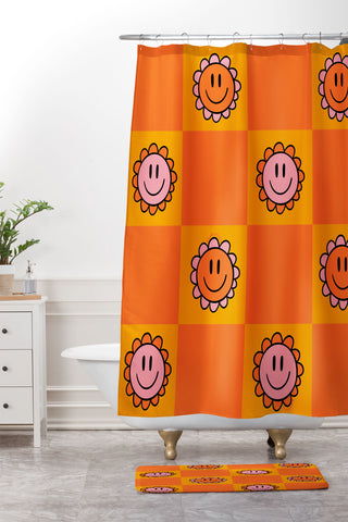 Doodle By Meg Orange Smiley Checkered Print Shower Curtain And Mat