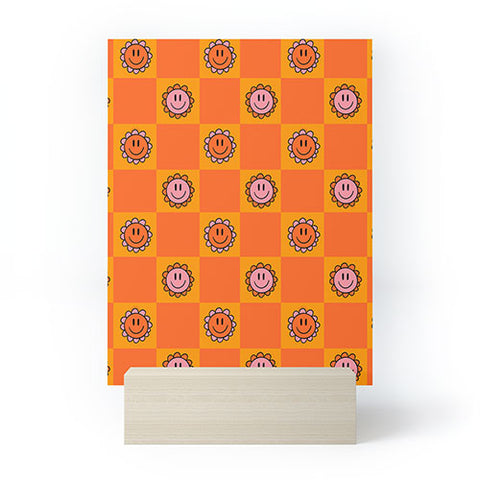 Doodle By Meg Orange Smiley Checkered Print Mini Art Print