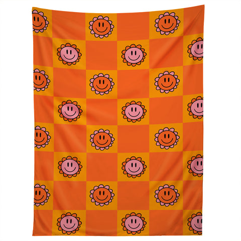 Doodle By Meg Orange Smiley Checkered Print Tapestry