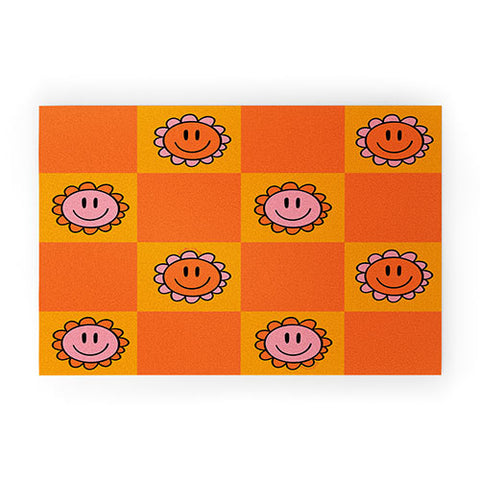 Doodle By Meg Orange Smiley Checkered Print Welcome Mat
