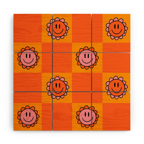 Doodle By Meg Orange Smiley Checkered Print Wood Wall Mural