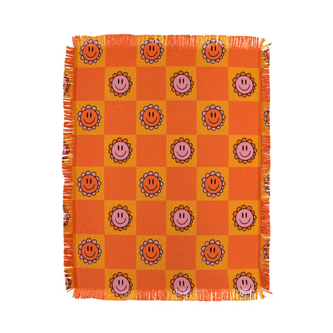 Doodle By Meg Orange Smiley Checkered Print Throw Blanket