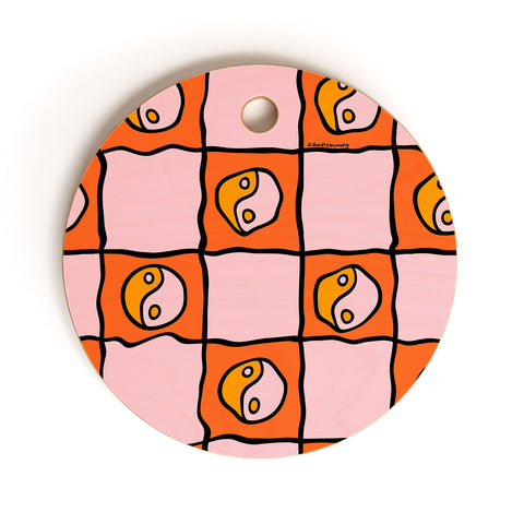 Doodle By Meg Orange Yin yang Checkered Print Cutting Board Round