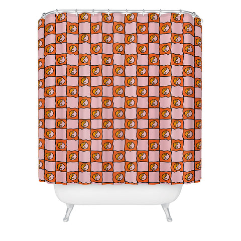 Doodle By Meg Orange Yin yang Checkered Print Shower Curtain