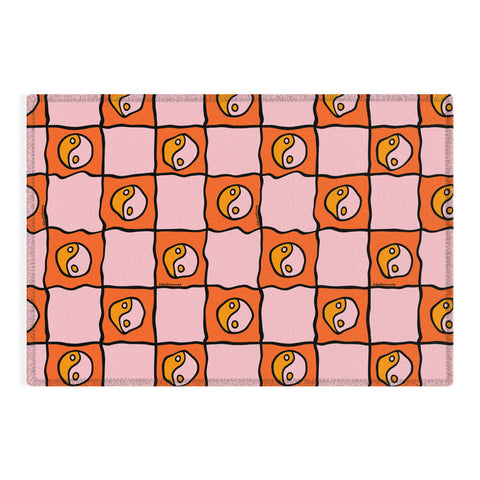 Doodle By Meg Orange Yin yang Checkered Print Outdoor Rug