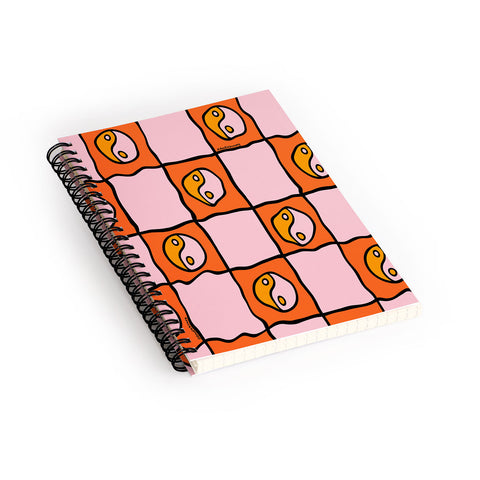 Doodle By Meg Orange Yin yang Checkered Print Spiral Notebook
