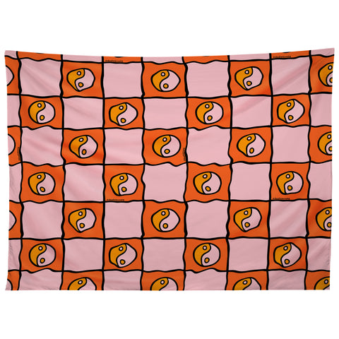 Doodle By Meg Orange Yin yang Checkered Print Tapestry