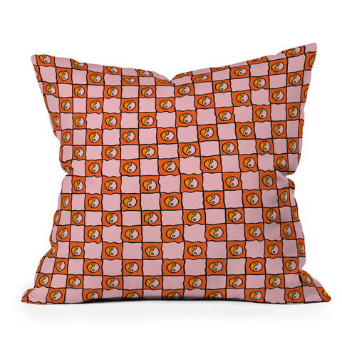 Doodle By Meg Orange Yin yang Checkered Print Throw Pillow