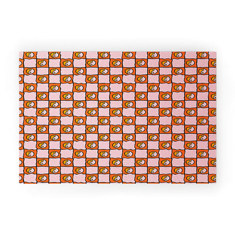 Doodle By Meg Orange Yin yang Checkered Print Welcome Mat