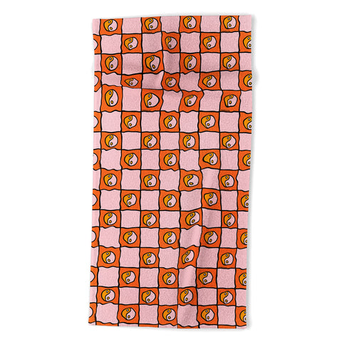 Doodle By Meg Orange Yin yang Checkered Print Beach Towel