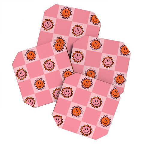 Doodle By Meg Pink Smiley Checkered Print Coaster Set