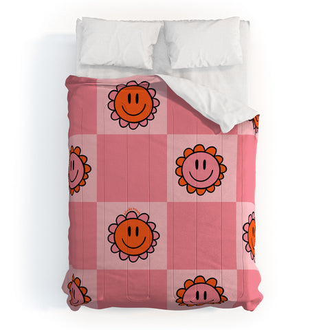 Doodle By Meg Pink Smiley Checkered Print Comforter