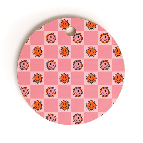 Doodle By Meg Pink Smiley Checkered Print Cutting Board Round