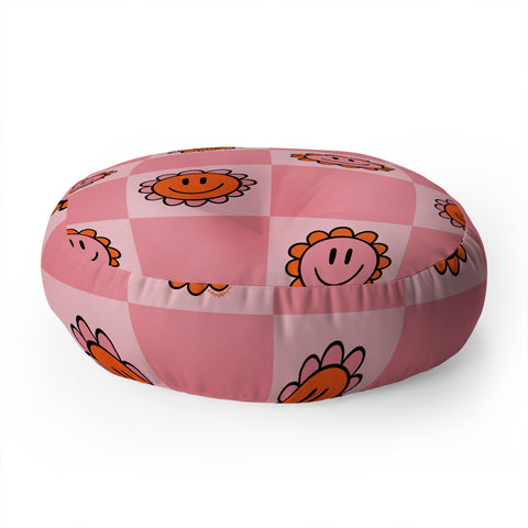 Doodle By Meg Pink Smiley Checkered Print Floor Pillow Round