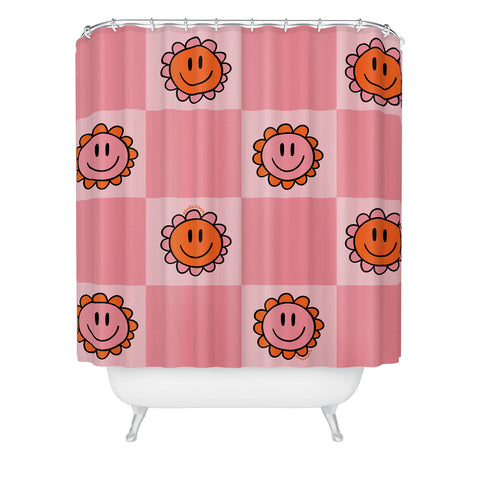 Doodle By Meg Pink Smiley Checkered Print Shower Curtain