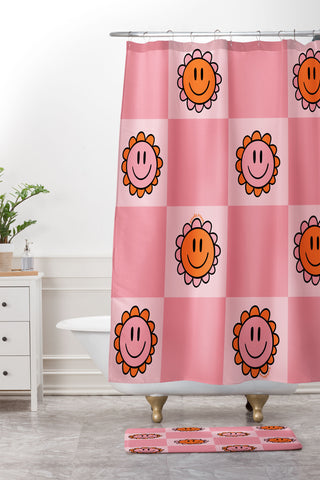 Doodle By Meg Pink Smiley Checkered Print Shower Curtain And Mat
