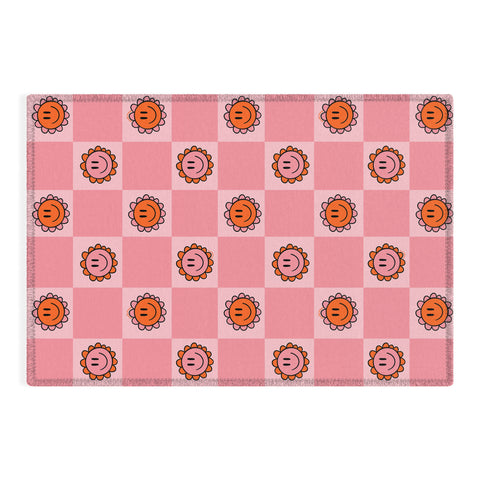 Doodle By Meg Pink Smiley Checkered Print Outdoor Rug