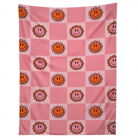Doodle By Meg Pink Smiley Checkered Print Tapestry
