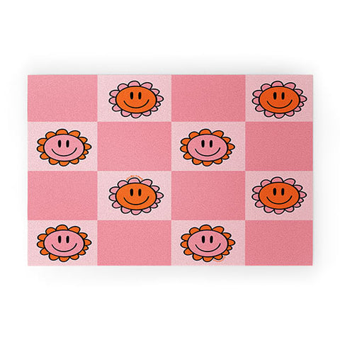 Doodle By Meg Pink Smiley Checkered Print Welcome Mat