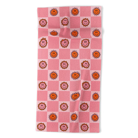 Doodle By Meg Pink Smiley Checkered Print Beach Towel