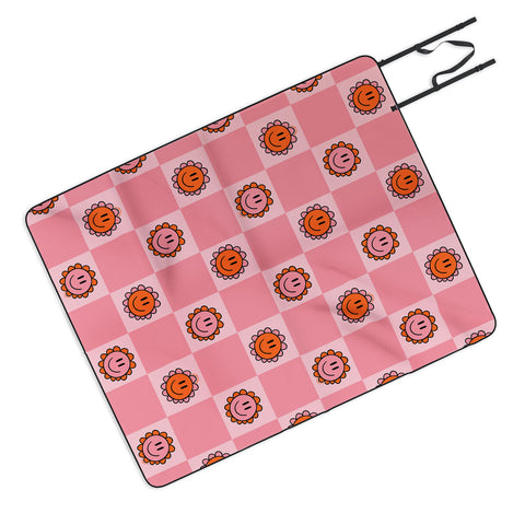 Doodle By Meg Pink Smiley Checkered Print Picnic Blanket