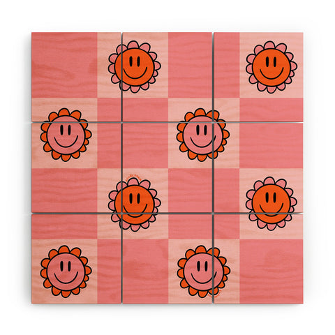 Doodle By Meg Pink Smiley Checkered Print Wood Wall Mural