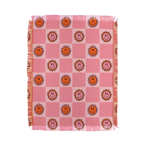 Doodle By Meg Pink Smiley Checkered Print Throw Blanket