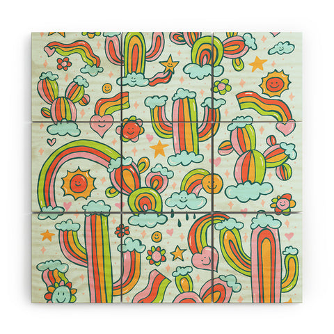 Doodle By Meg Rainbow Cacti Wood Wall Mural